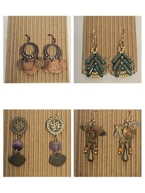 VTG Boho Artisan Dangle Earring Lot (4 Pairs) Beaded Copper Amethyst